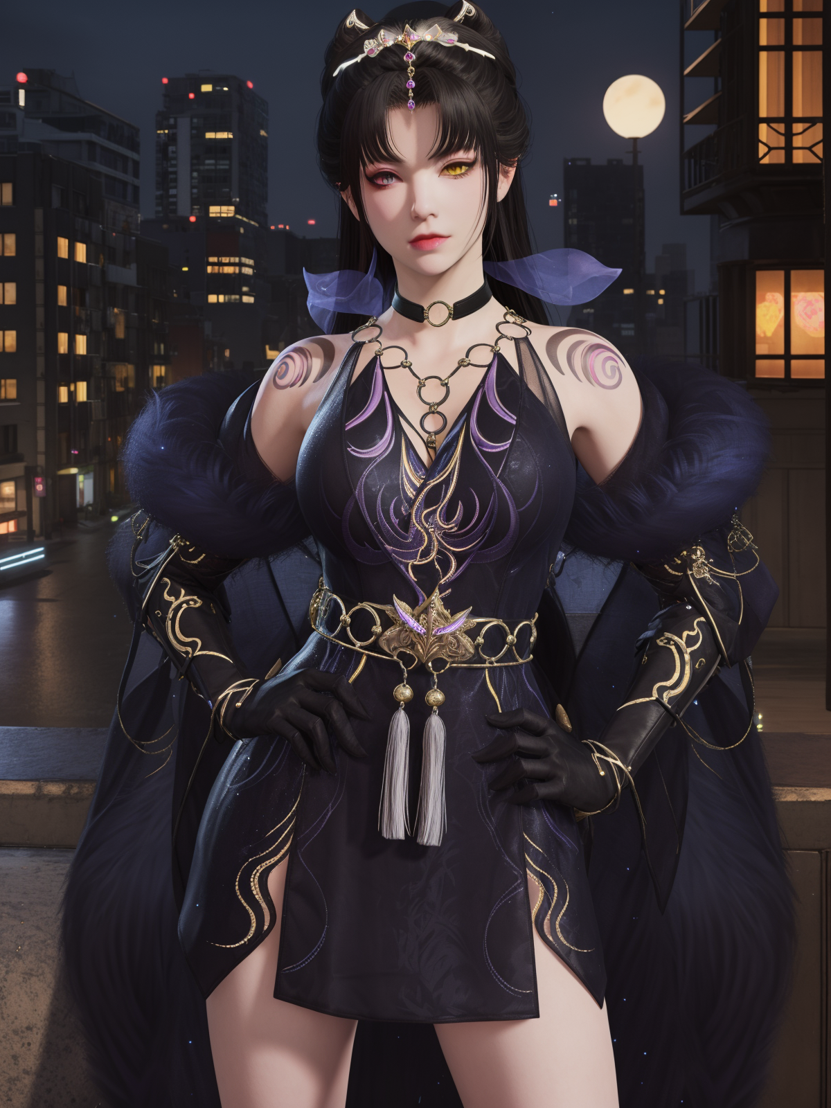 00003-593077670-YJWJyulinglongXSLY, 1girl, dress, heterochromia, tattoo, looking at viewer, fur trim, solo, bare shoulders, jewelry, elbow glove.png